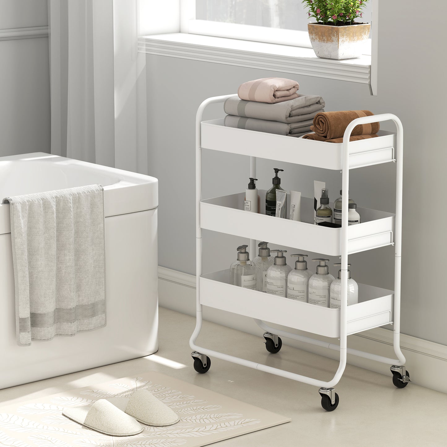 HOMCOM 3 Tier Storage Trolley on Wheels Rolling Utility Cart with Mesh Baskets for Kitchen Bathroom and Bedroom White