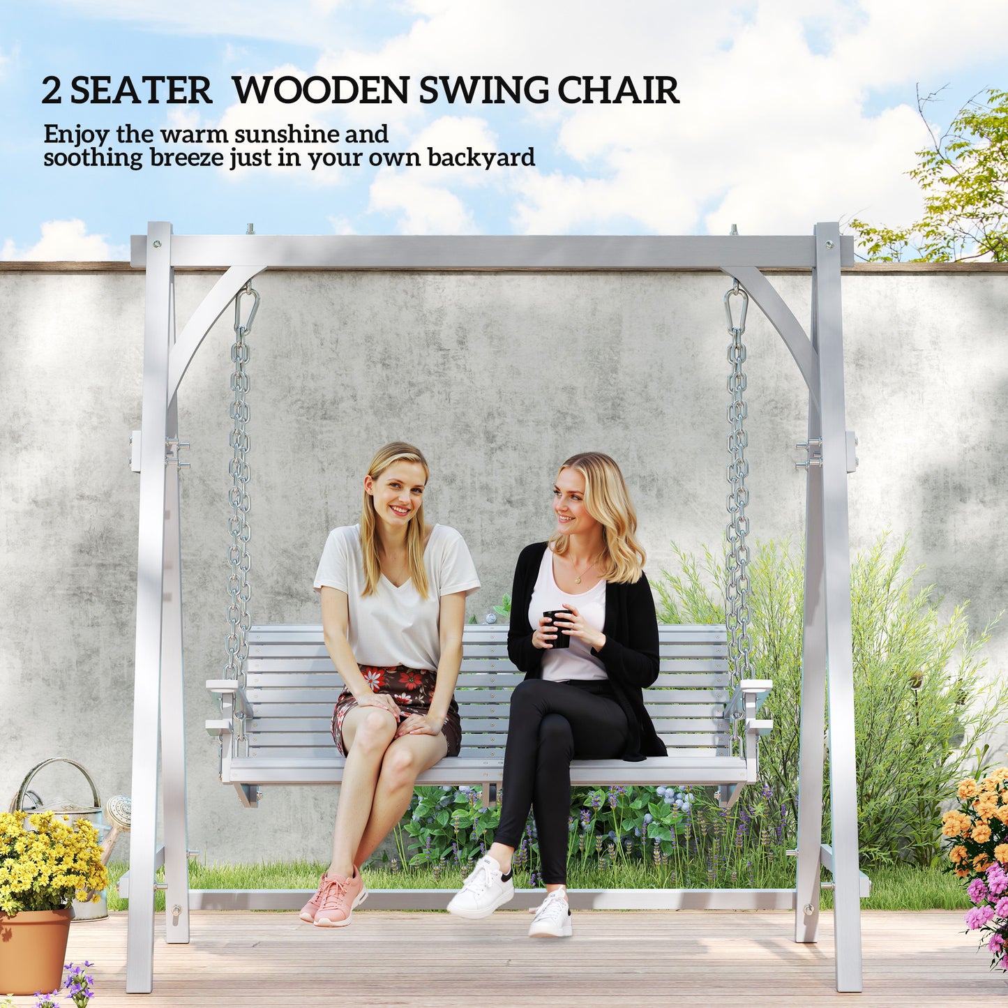 Outsunny 2 Seater Garden Swing Chair Bench In Grey With Cup Holders Solid Larch Wood Construction For Outdoor Patio