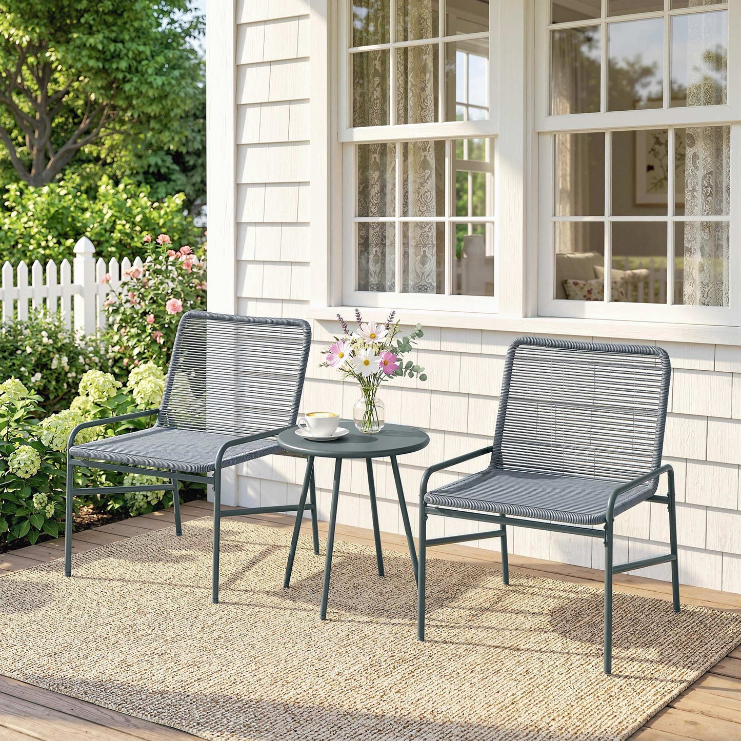 Outsunny 3 Piece Rattan Bistro Set With 2 Chairs And Round Coffee Table For Patio Balcony Dark Grey