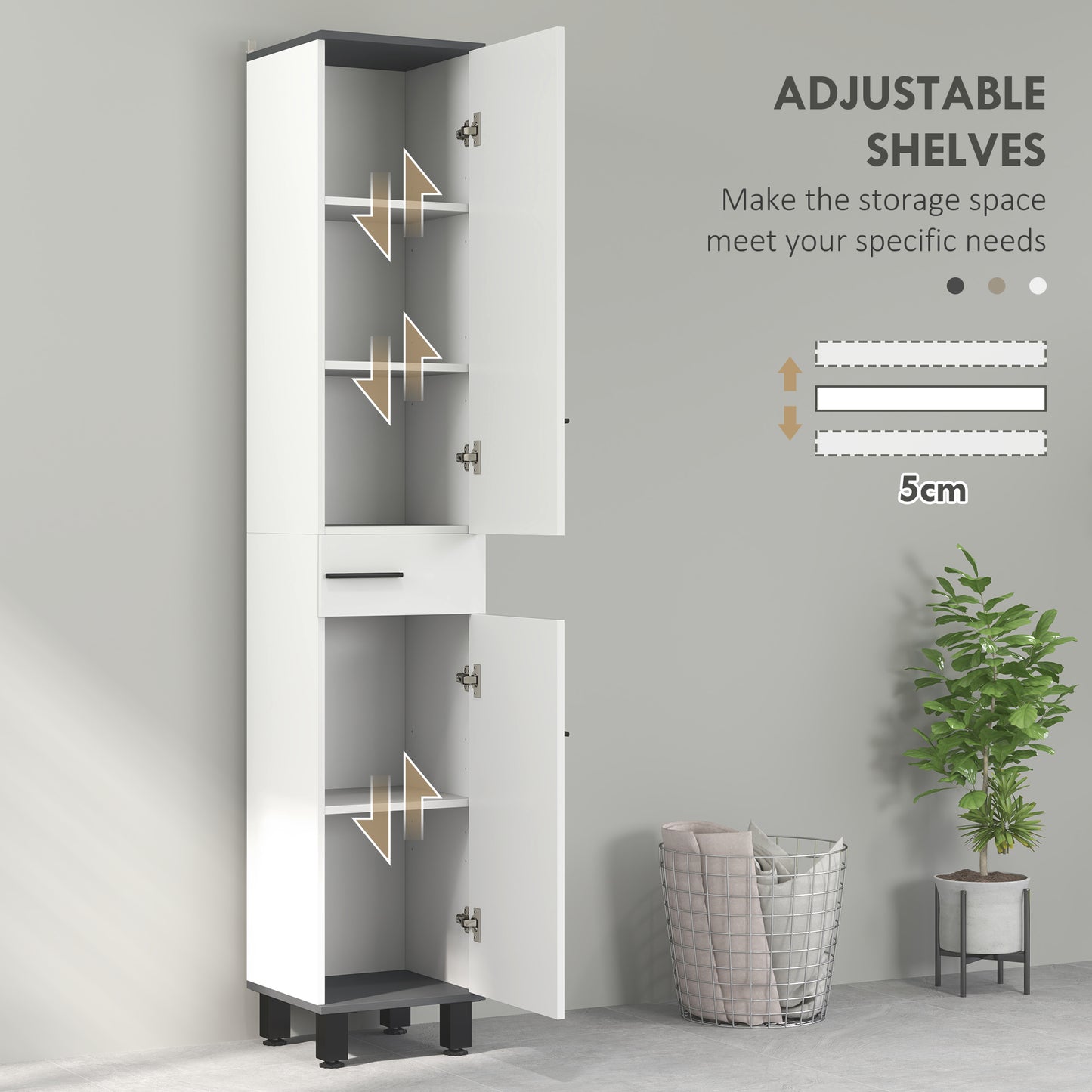 HOMCOM 190cm Tall Slim Bathroom Storage Cabinet With Adjustable Shelves In Both Cupboards And Middle Drawer White