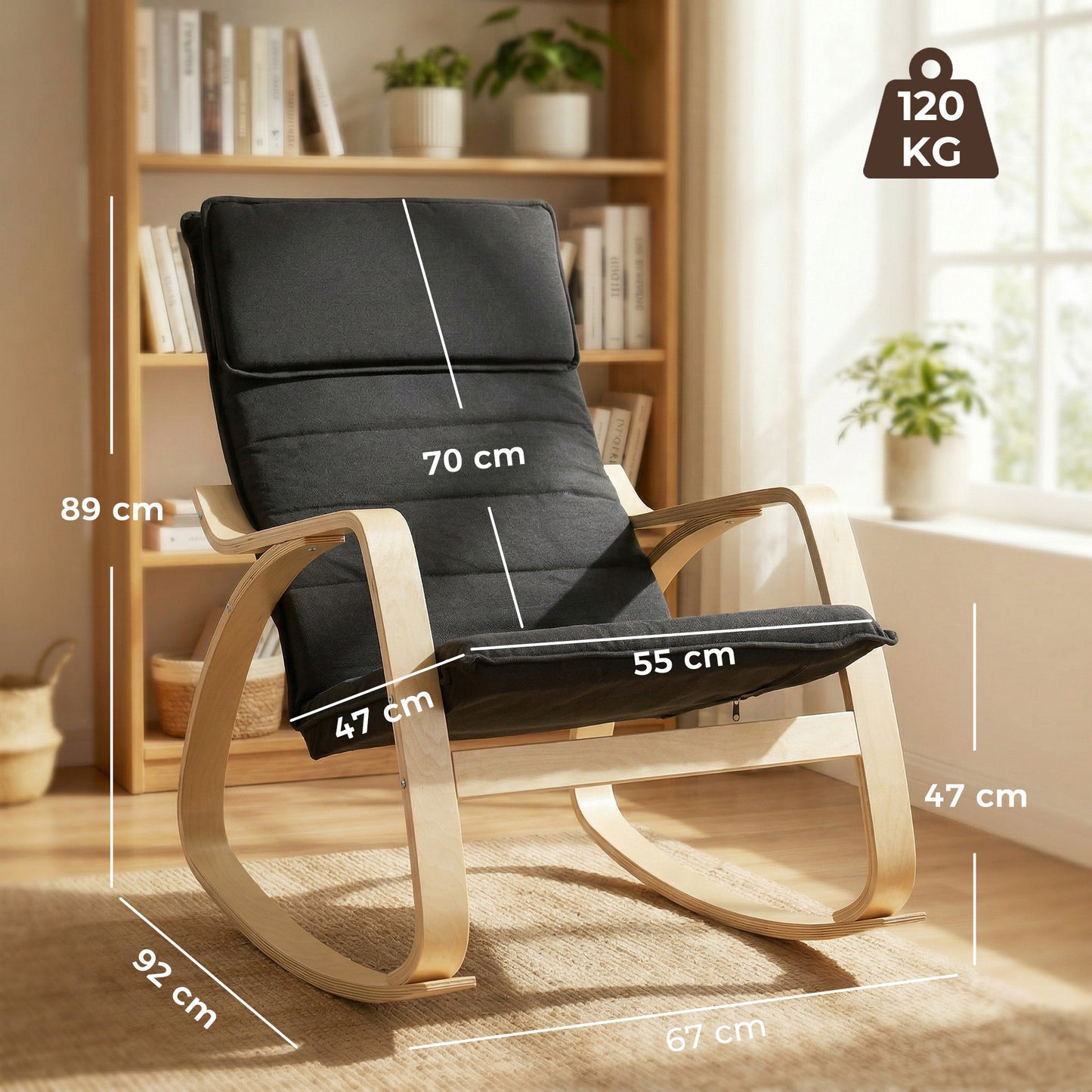 HOMCOM Rocking Lounge Chair With Headrest Black Linen Look Fabric Adjustable From 47 Cm