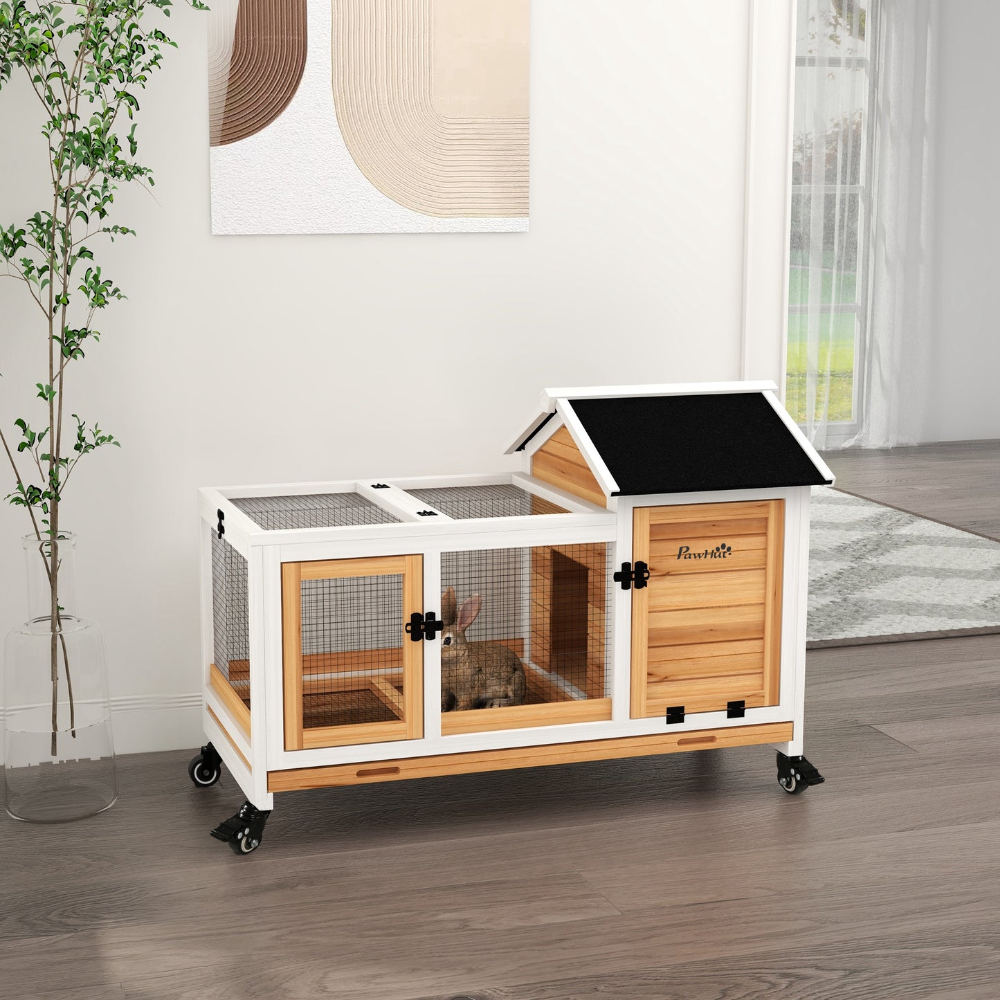 PawHut Wooden Rabbit Hutch Guinea Pig Cage with Removable Tray Wheels Yellow - ALL4U RETAILER LTD