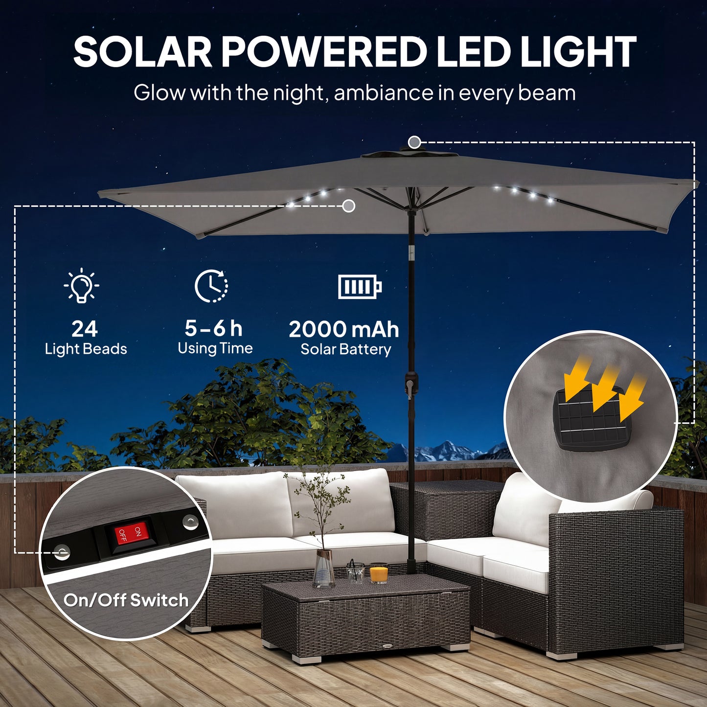 Outsunny 3x2m Garden Parasol Umbrella With LED Solar Light Parasol Cover Outdoor Market Patio Umbrella Dark Grey