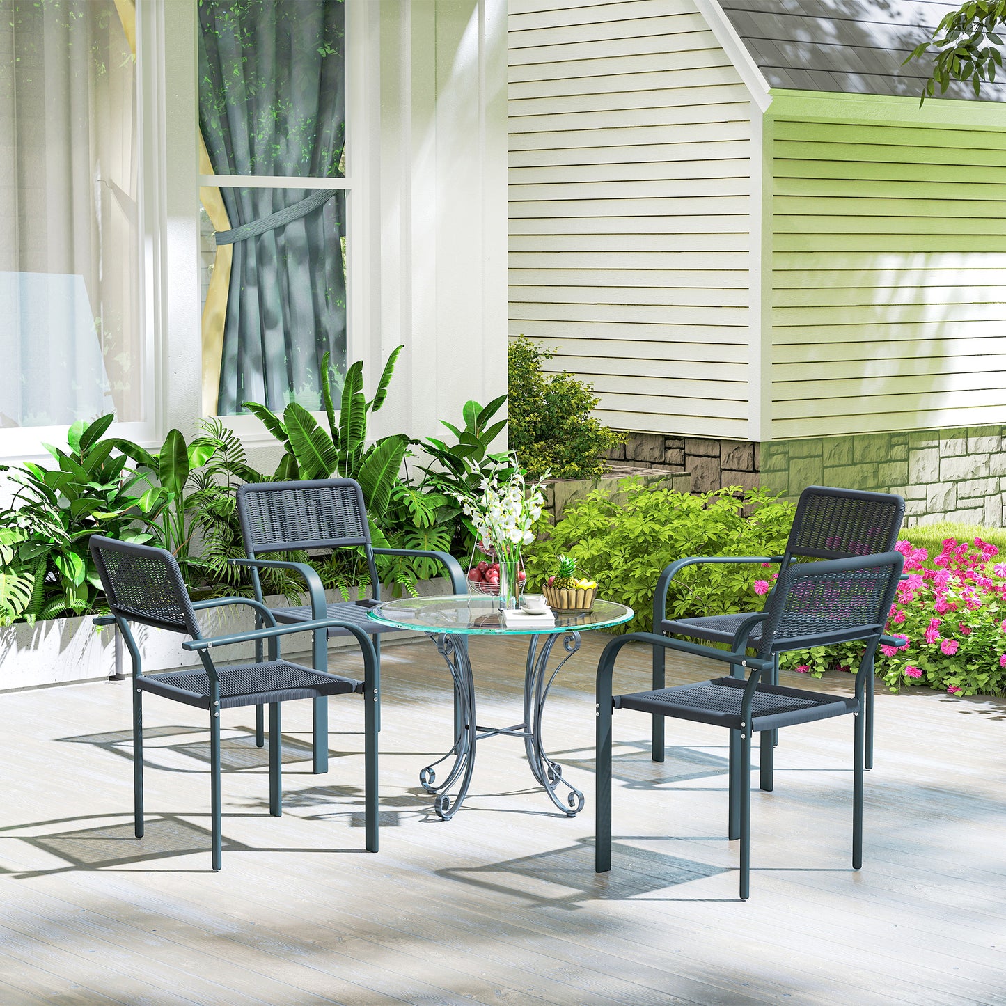 Outsunny Set Of 4 Stackable Rattan Chairs With Armrests Weather Resistant And Lightweight For Patio Balcony Dark Grey