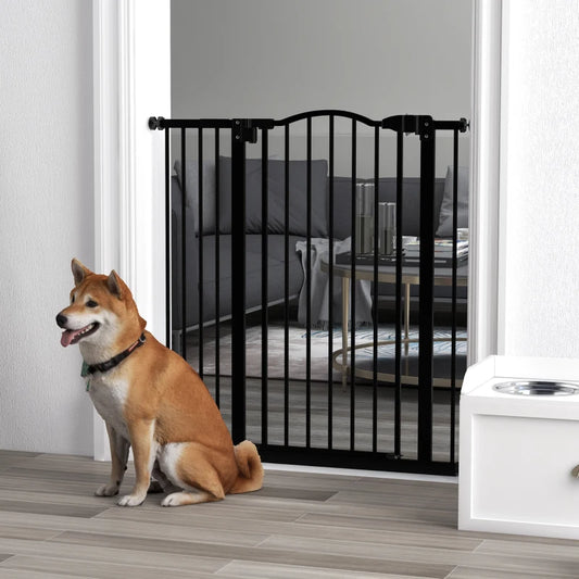 PawHut Pressure Fit Dog Stair Gate No Drilling Safety Gate Auto Close - Adjustable 74-94cm, 94cm Tall, Black - Ideal for Doorways and Hallways