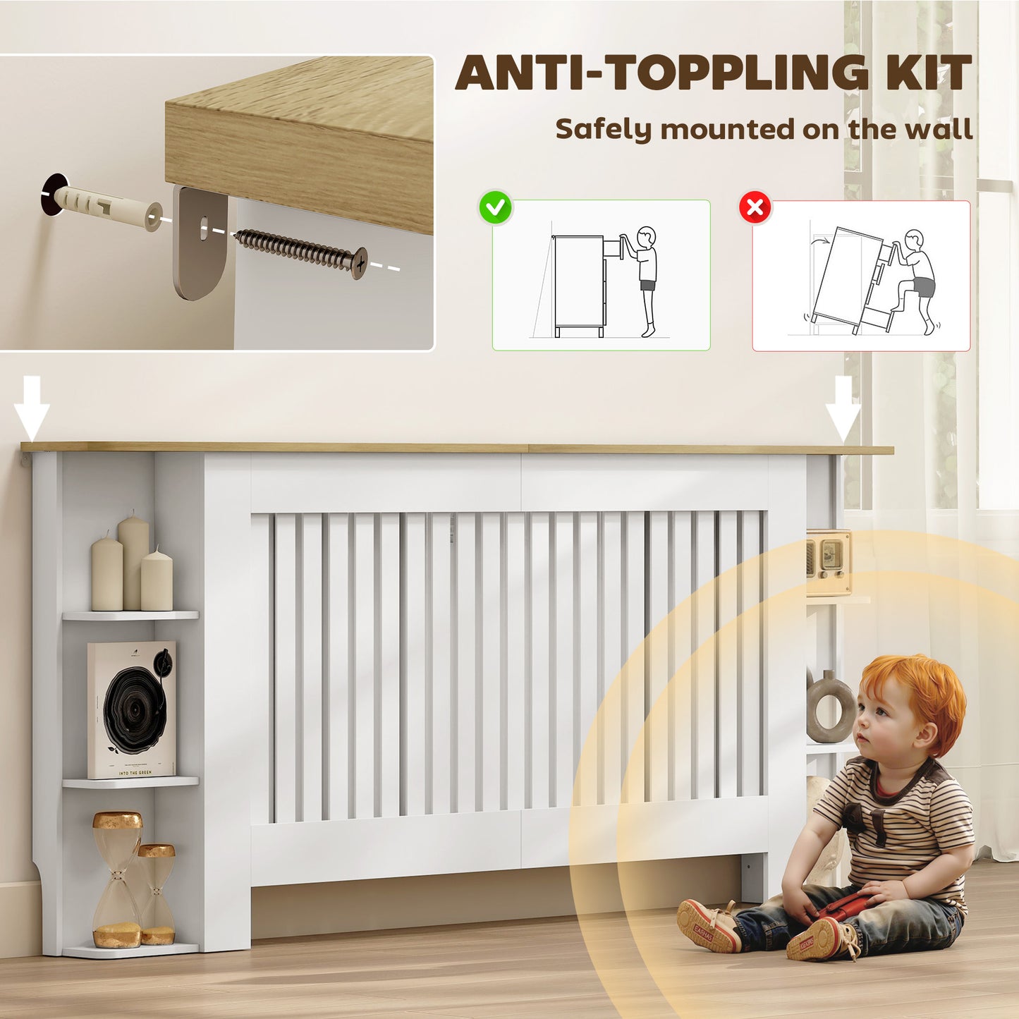 HOMCOM Radiator Cover With Open Storage Shelves And Slatted Cabinet For Living Room Hallway Extra Large White