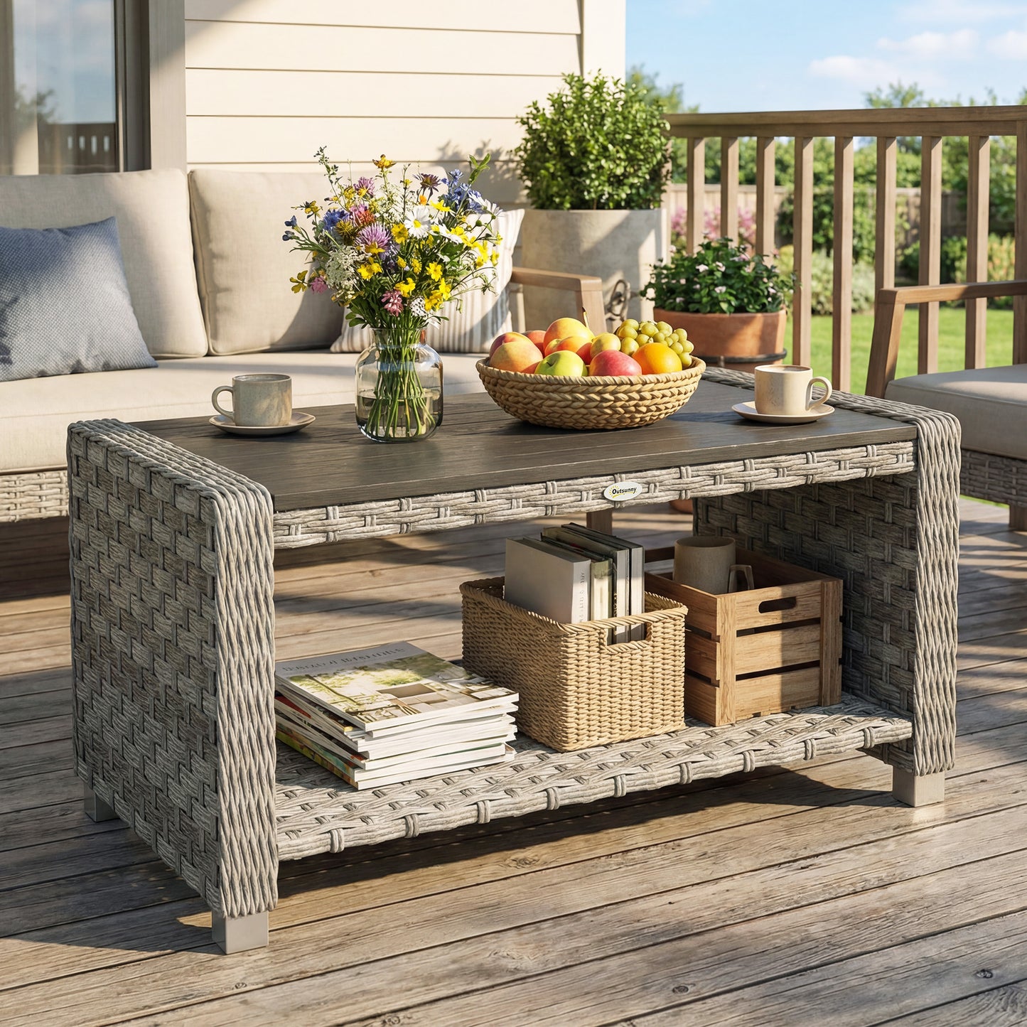 Outsunny Outdoor Coffee Table With Storage Shelf Slatted Top PE Rattan Water Resistant Grey