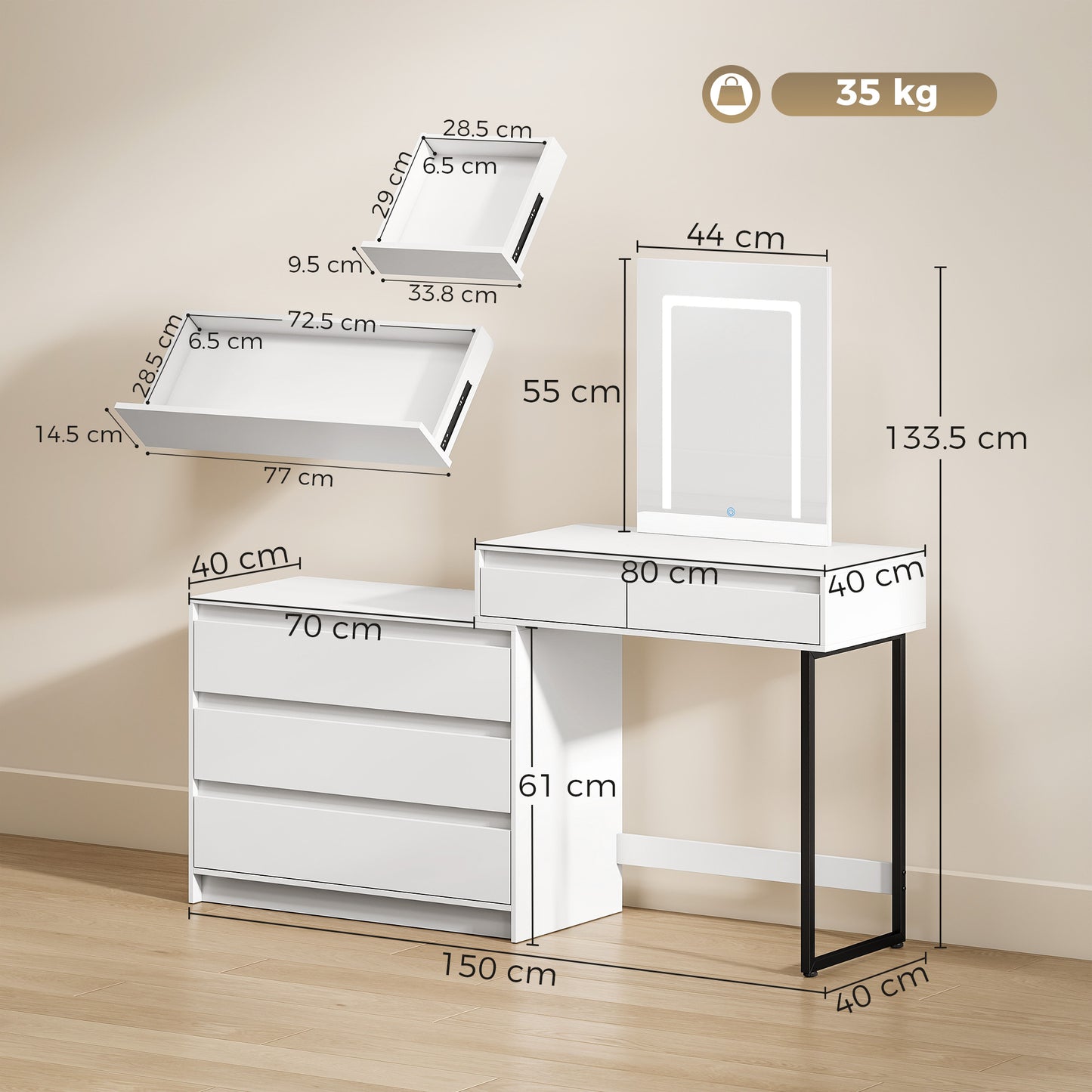 HOMCOM White Vanity Makeup Desk With Three Colour LED Mirror And Five Drawers