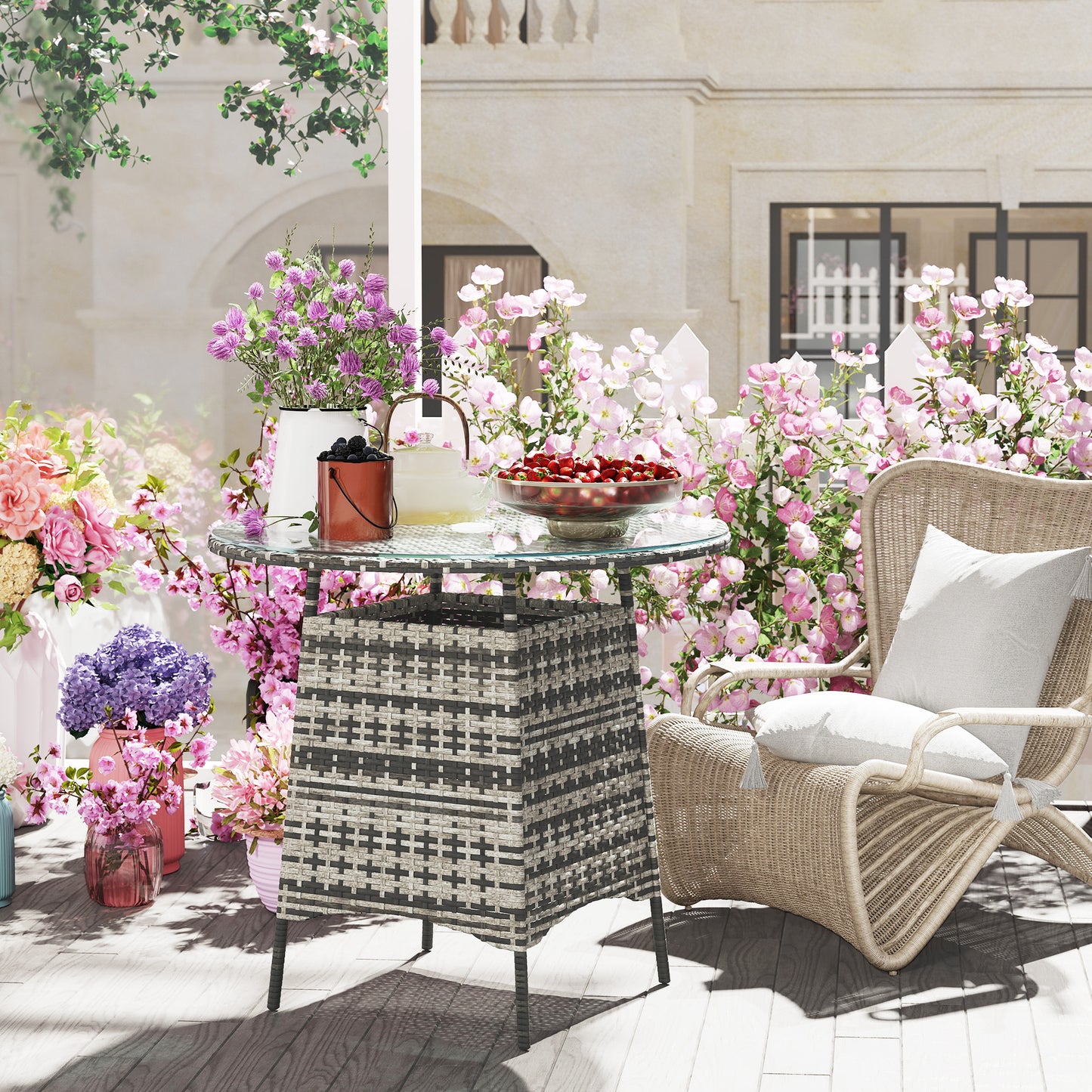Outsunny Wicker Garden Rattan Outdoor Coffee Table With Umbrella Hole And Tempered Glass Top Grey