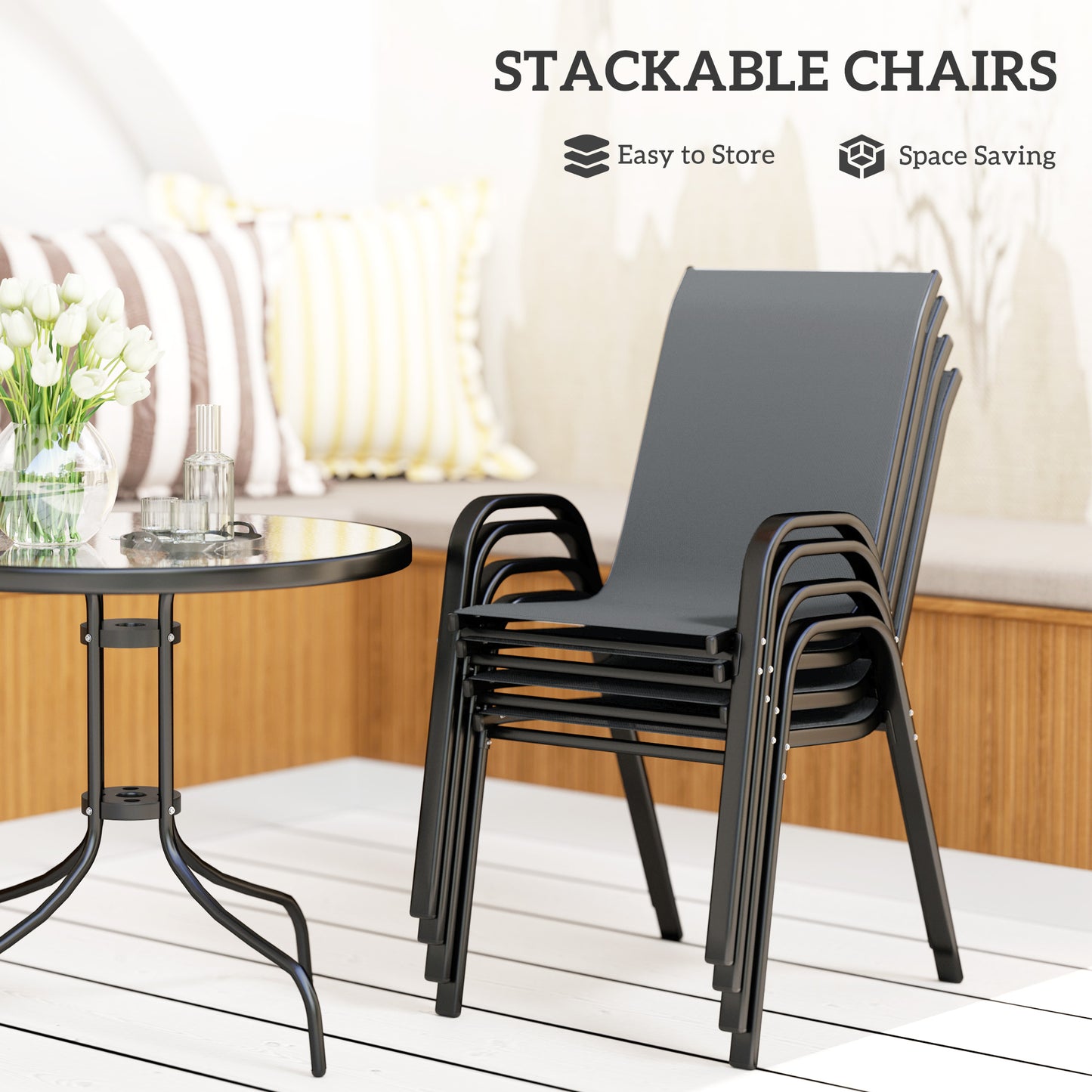 Outsunny Five-Piece Outdoor Steel Patio Set With Round Glass-Top Table And Four Stackable Chairs In Dark Grey
