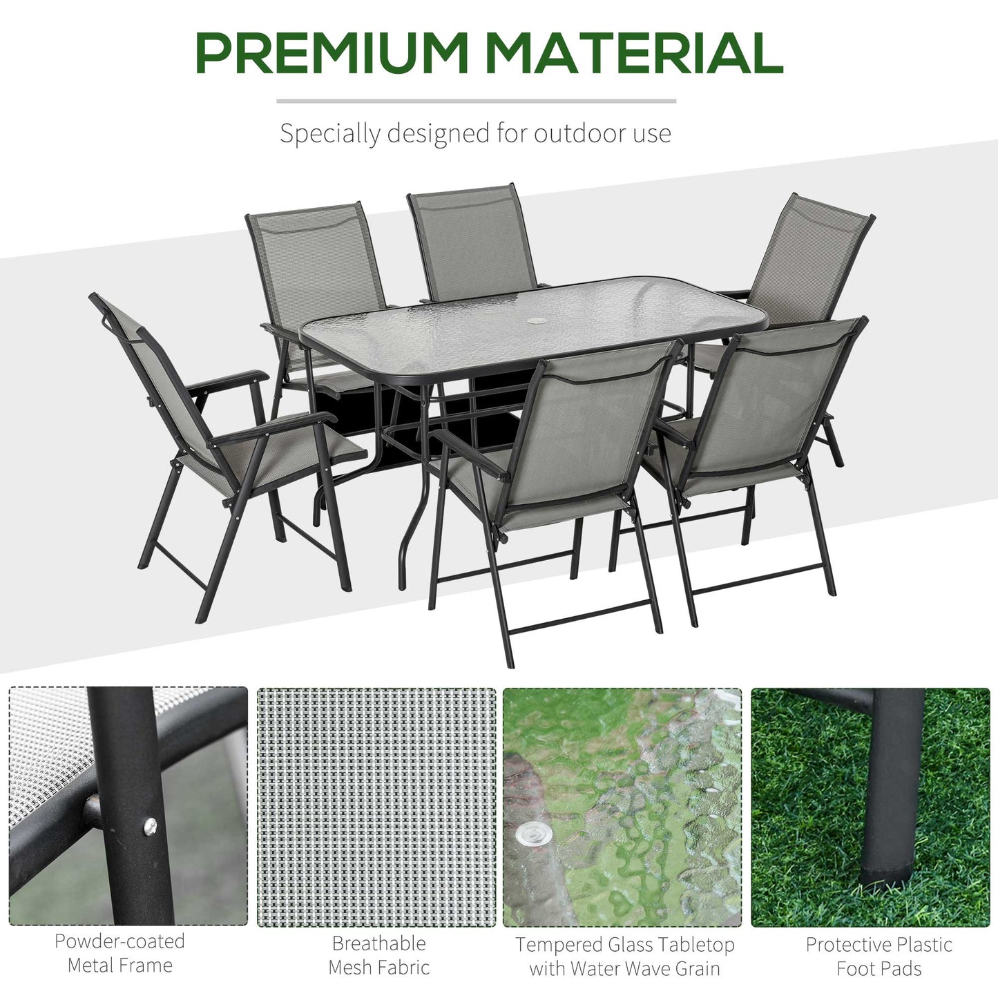 Outsunny 7-Piece Outdoor Steel Frame Dining Set with Folding Chairs and Glass Top Table in Black & Grey - ALL4U RETAILER LTD