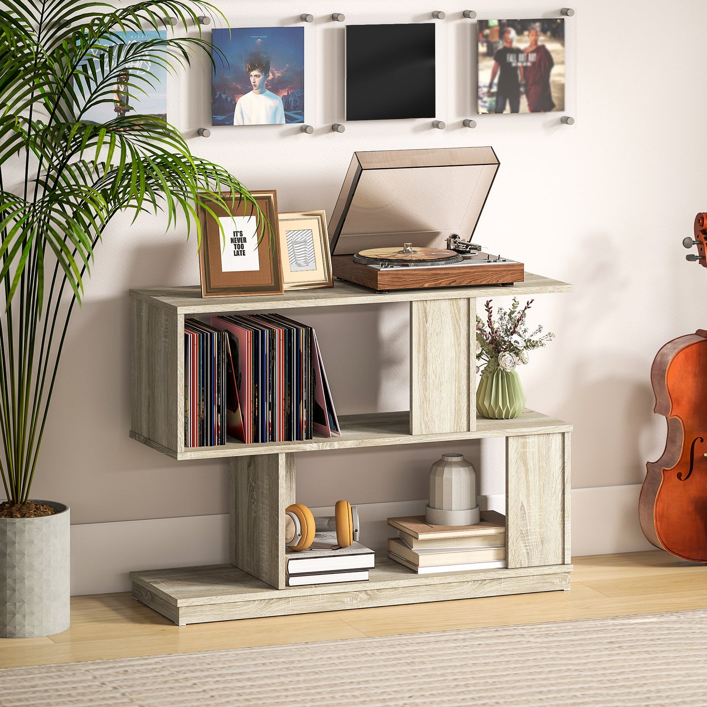 HOMCOM S Shaped Side Table Natural Wood Finish With Storage Compartments For Small Spaces