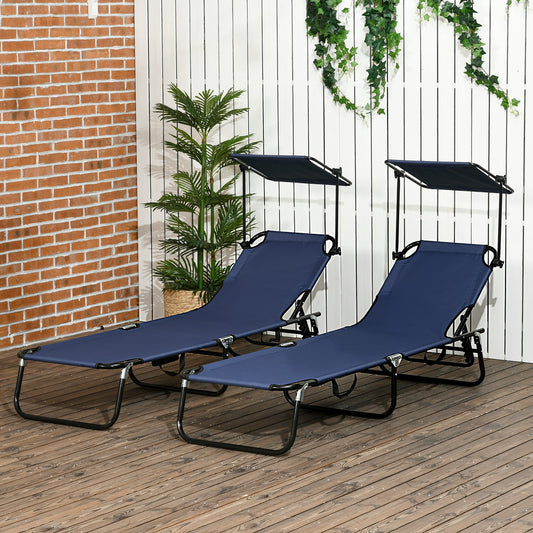 Outsunny Set Of Two Folding Sun Loungers With Adjustable Backs And Sun Canopies In Dark Blue