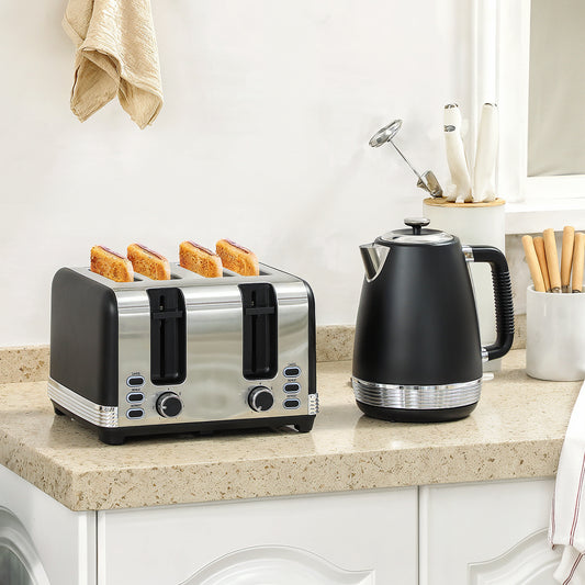 HOMCOM Stainless Steel Panel Kettle And Four Slot Toaster Set Black With 1.7L Kettle UK Strix Thermostat Auto Shut Off