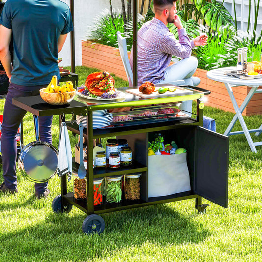 Outsunny Outdoor BBQ Trolley With Foldable Side Table Stainless Steel Top Wheels Shelves Cabinet Movable Grill Cart