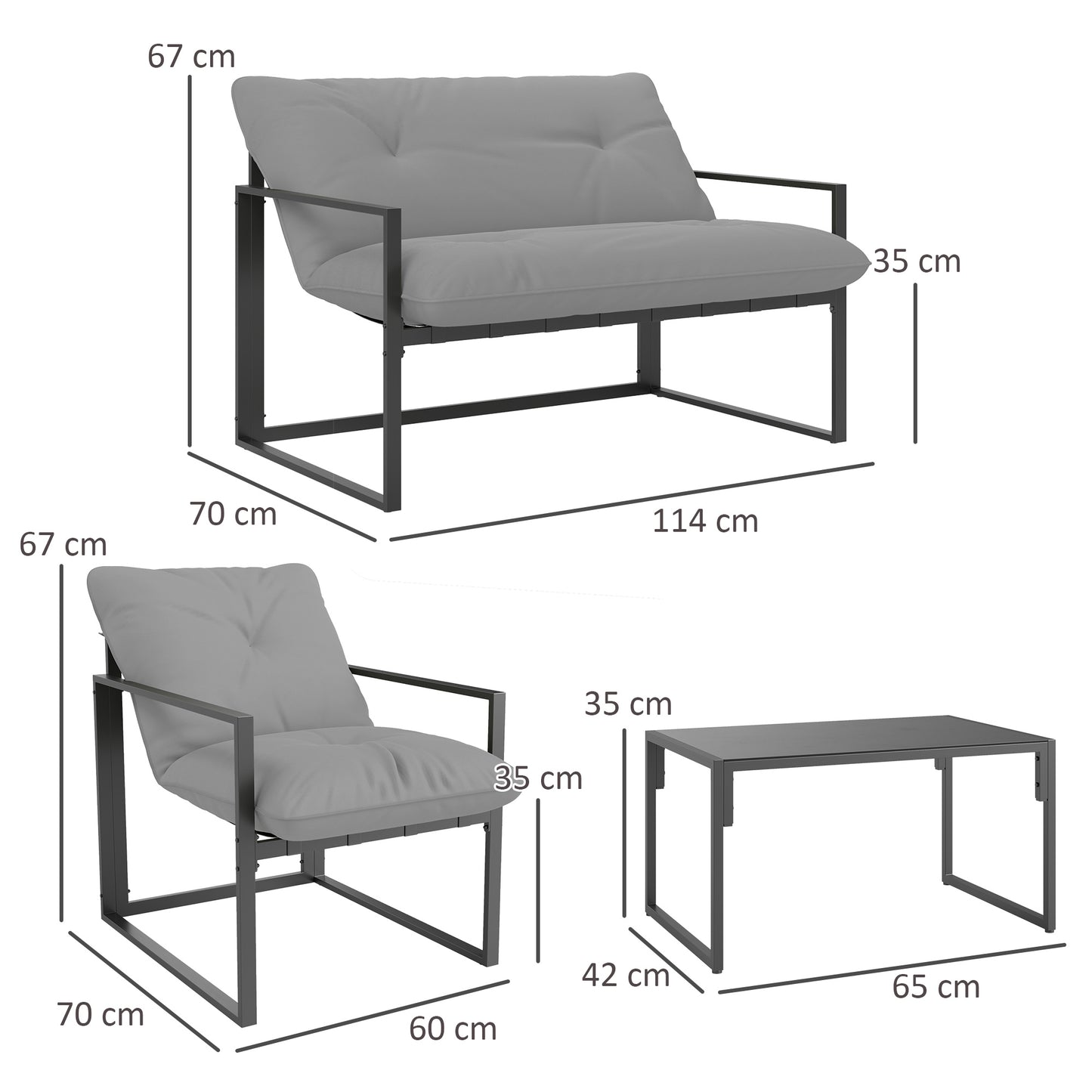 Outsunny Four Piece Relaxed Back Garden Dining Set Black And Light Grey With Steel Frame And Thick Cushioned Seats