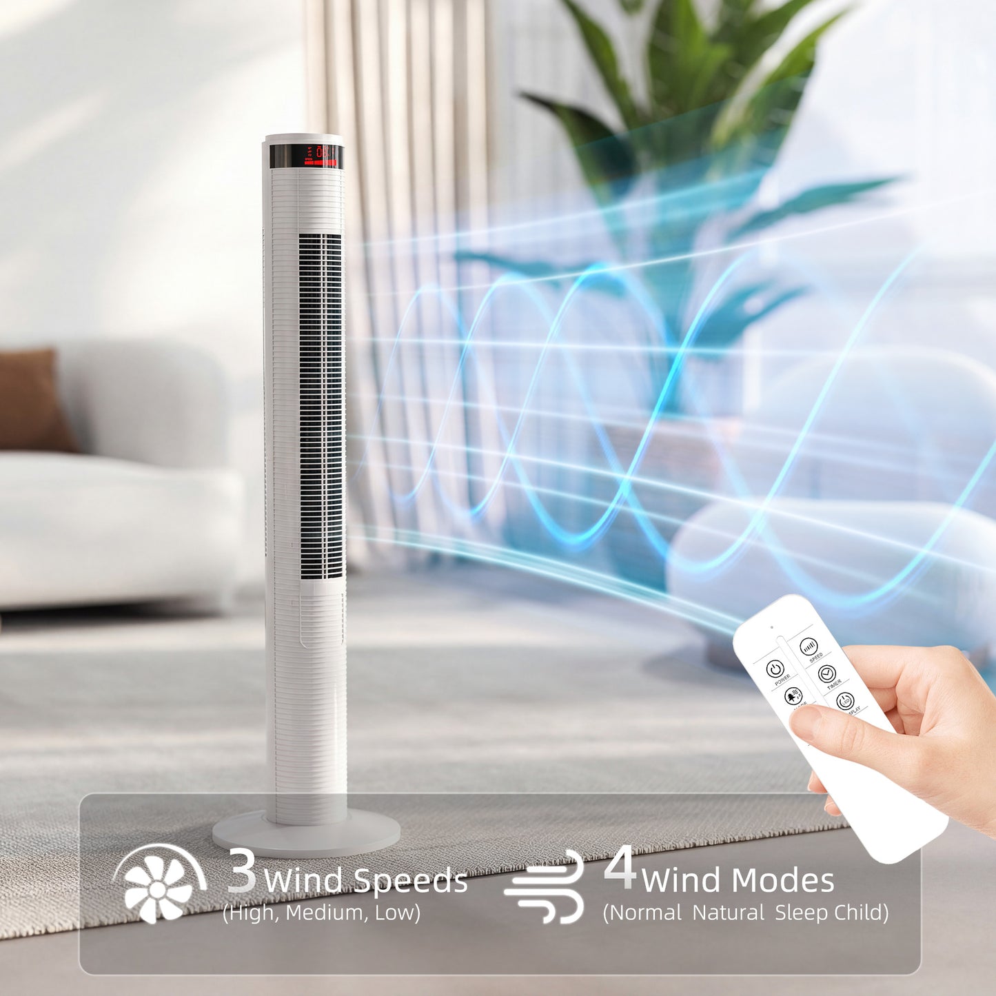 HOMCOM Oscillating Tower Fan with Remote Control, 3 Speed Settings and 4 Wind Modes, White