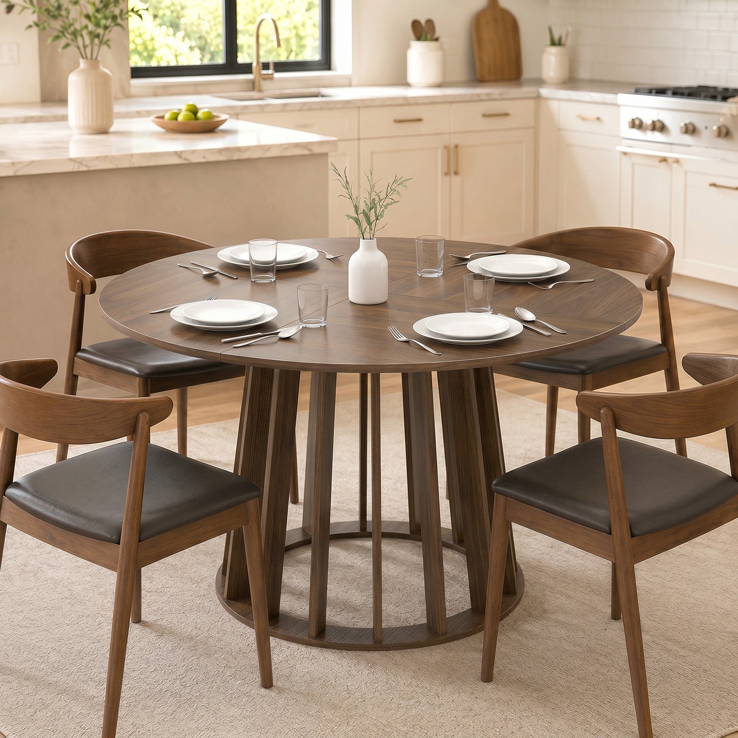HOMCOM Round Dining Table 120 Cm for 4 To 6 People with Slatted Base Light Walnut Kitchen Table