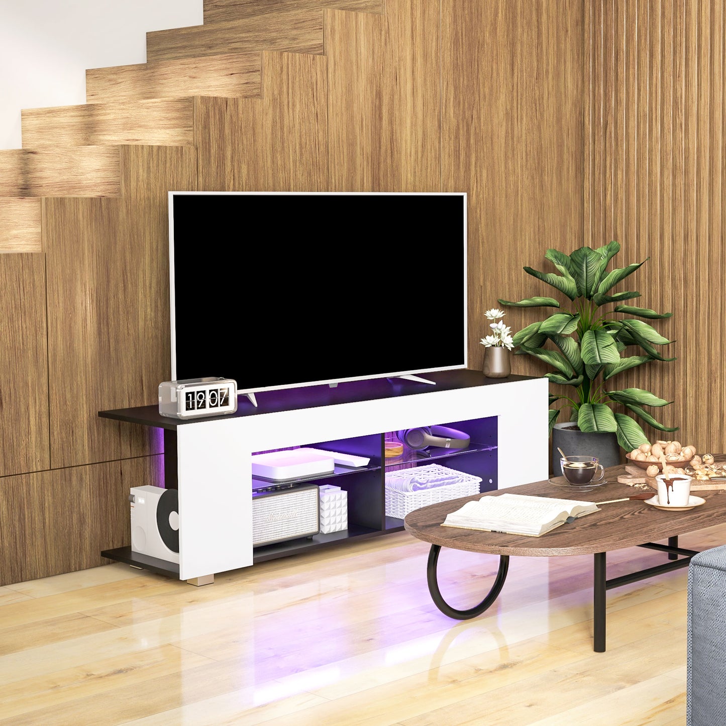 HOMCOM Modern White TV Stand with RGB LED Lights and Glass Shelves for 32-60 inch TVs - ALL4U RETAILER LTD