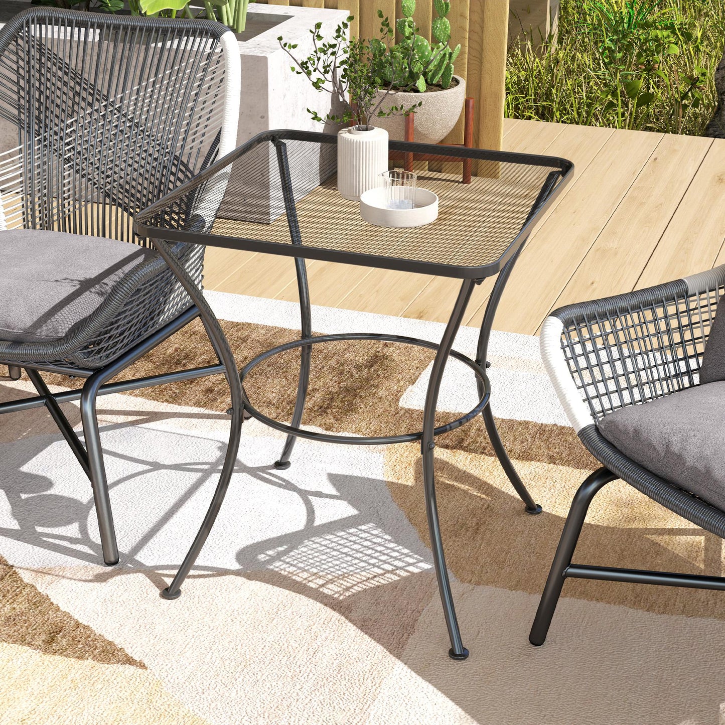 Outsunny 60cm Square Garden Table Outdoor Metal Bistro Side Desk With Mesh Top Black