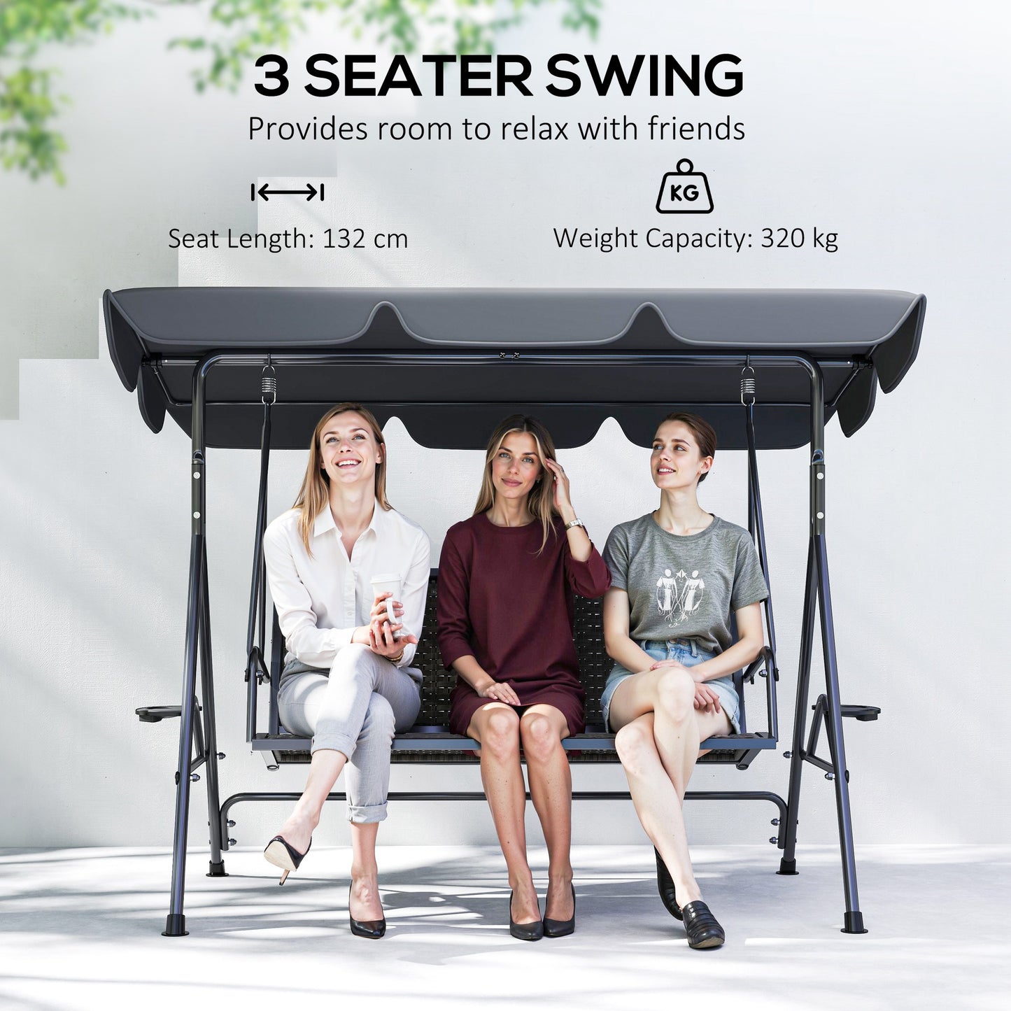 Outsunny 3 Seater Swing Chair With Adjustable Canopy Rattan Seat And Steel Frame For Patio Garden Grey