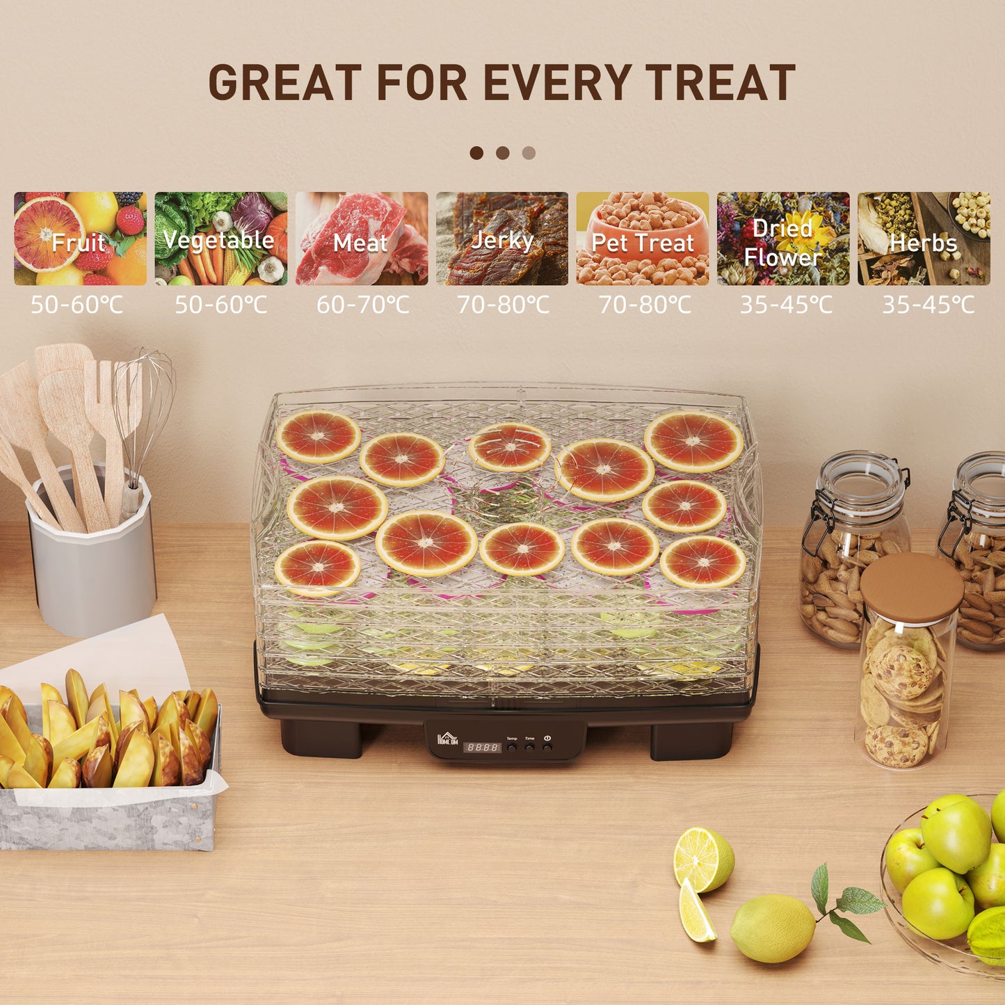 HOMCOM Six Tray Food Dehydrator with 40 to 70 C Temperature Control Black Finish and Stackable Trays