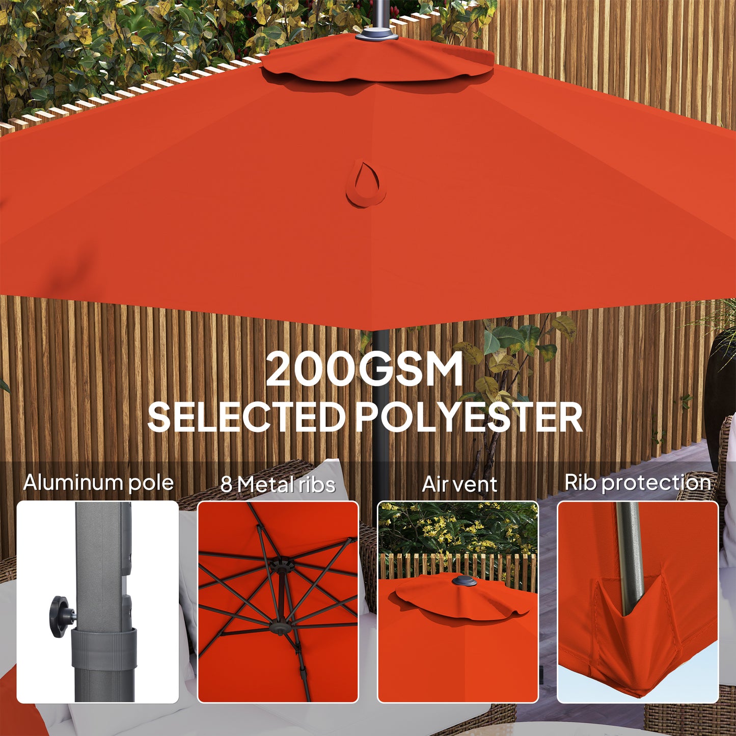 Outsunny Five Position Overhanging Cantilever Parasol Orange With Aluminum Frame And 360 Degree Rotation