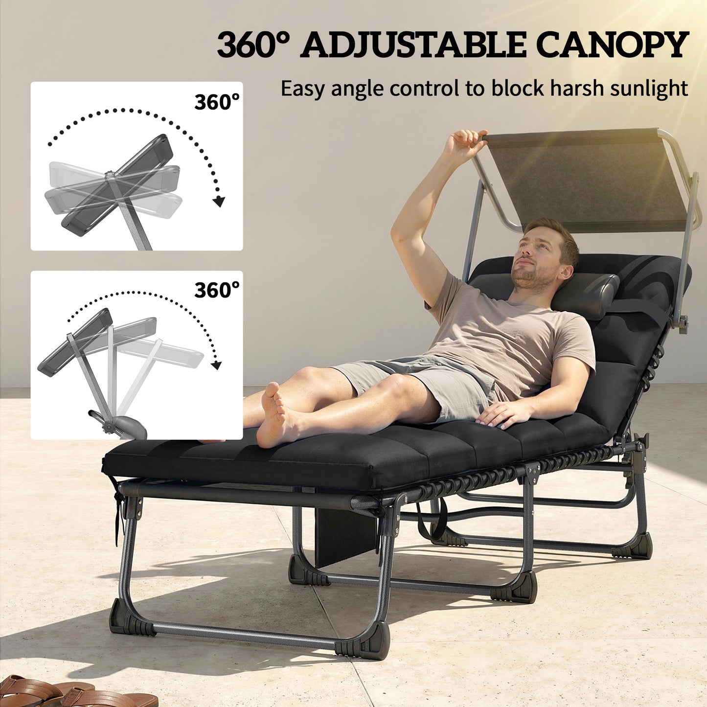Outsunny Folding Sun Loungers Set of 2 with Canopy, Reclining Sunbeds, Cushions, Side Pockets, Carrying Handles, Black
