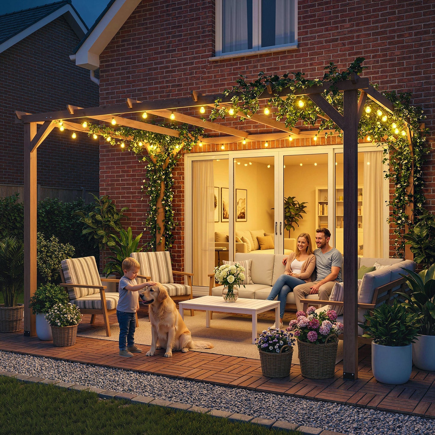 Outsunny 4x3 Meter Wooden Pergola Kit for Garden Gazebo Grape Trellis with Triangle Supports 6 Beams Maple Wood Effect