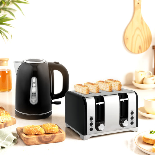 HOMCOM Kettle and Toaster Set 1.7L 3000W Rapid Boil Kettle with Limescale Filter 4 Slice Toaster LED Strip Black