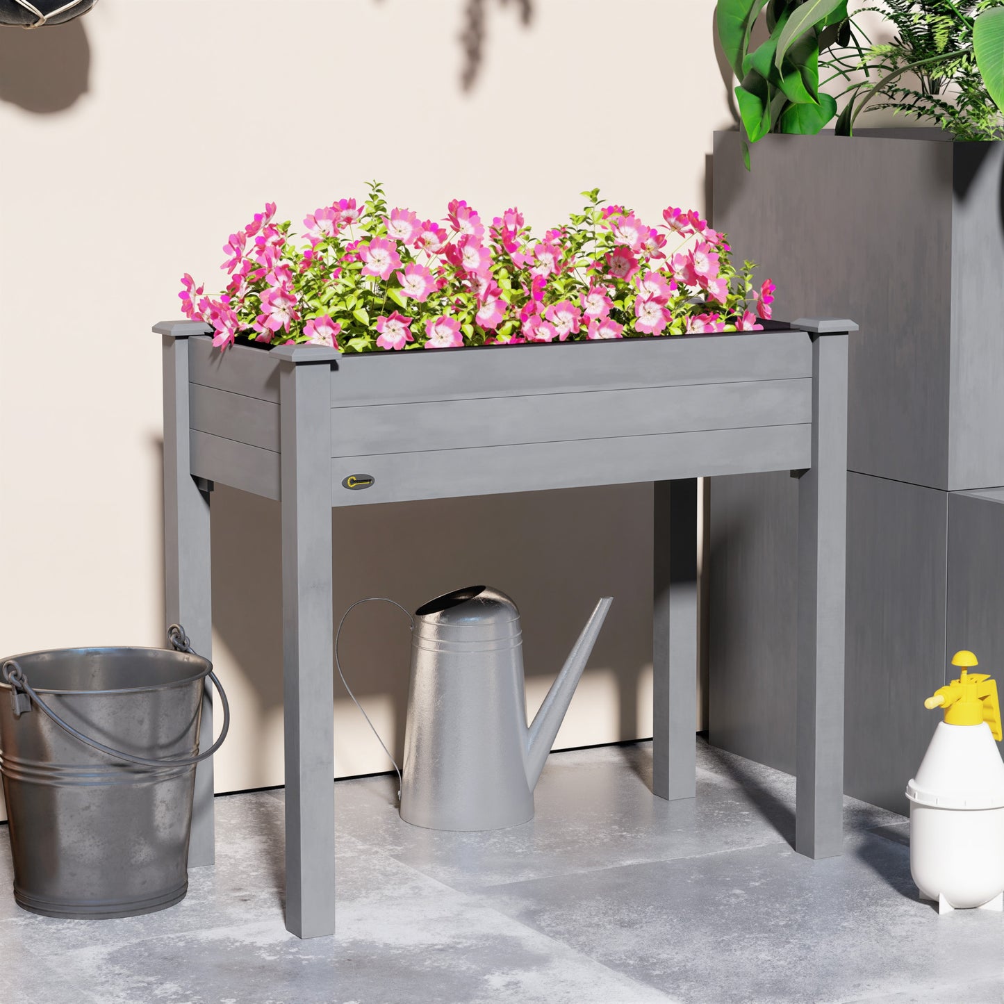 Outsunny Raised Garden Bed Wooden Elevated Planter Box With Bed Liner For Flowers Vegetables Herbs Dark Grey