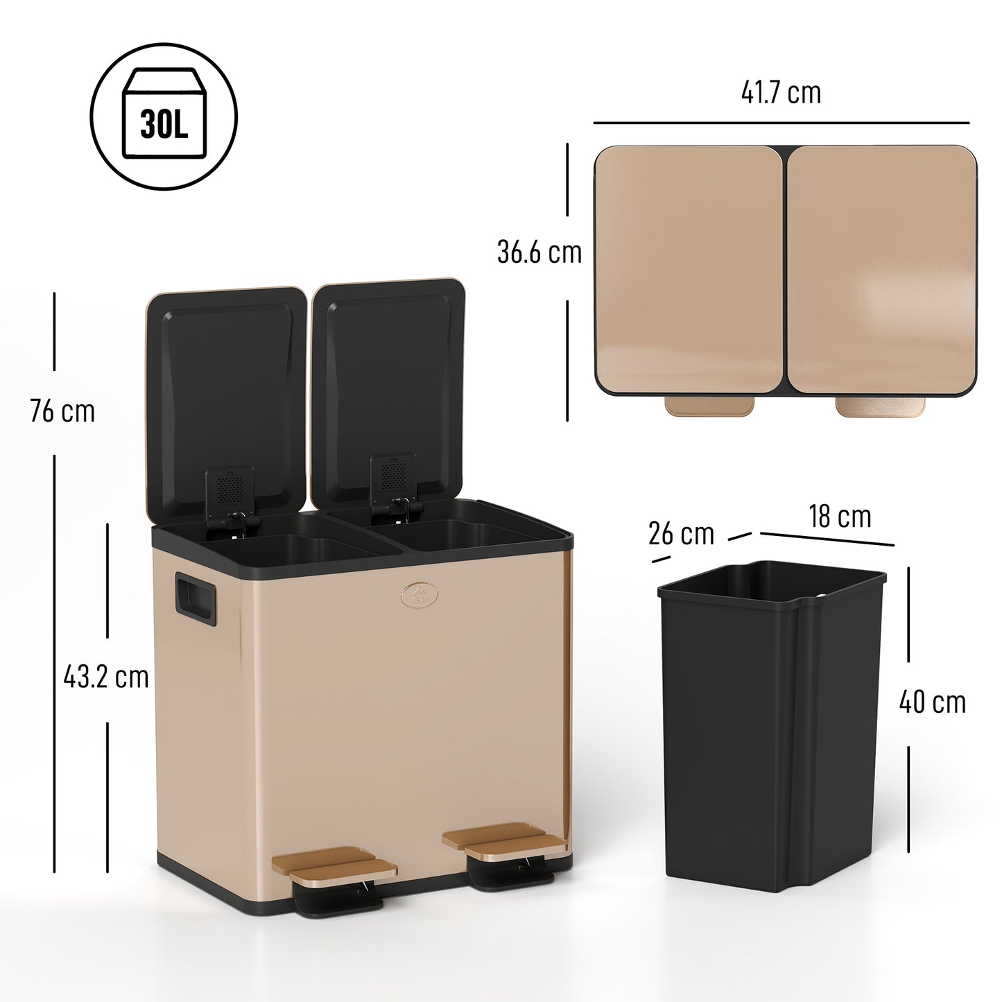 HOMCOM 30L Dual Compartments Stainless Steel Bin With Deodoriser Holders Gold Tone