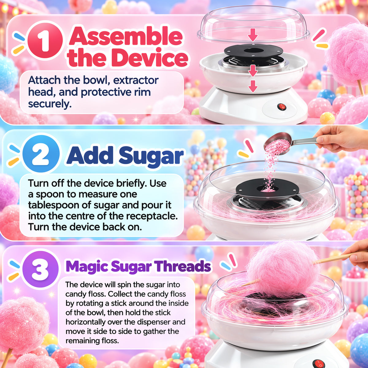 Electric cotton candy maker with clear bowl, base controls, and protective rim
