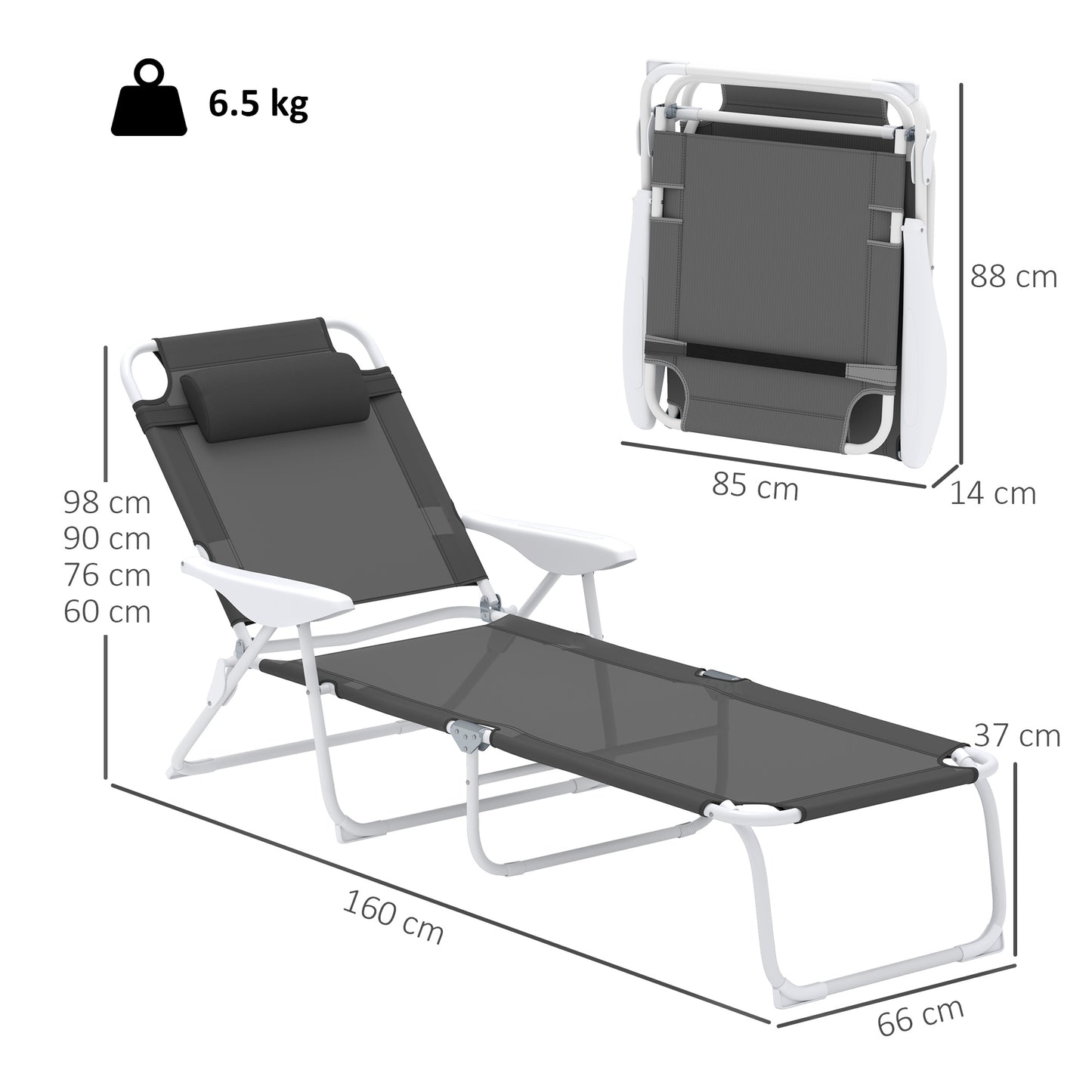 Outsunny Foldable Lounge Chair With 4 Level Adjustable Backrest And Headrest Charcoal Grey Outdoor Lounger