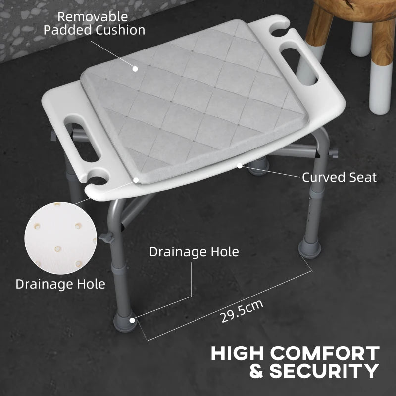 HOMCOM Aluminium Shower Stool for Elderly, Height Adjustable Seat with Removable Padded Cushion, Shower Head Holder, Non-Slip Bath Stool for Seniors, Disabled, Pregnant - White - ALL4U RETAILER LTD