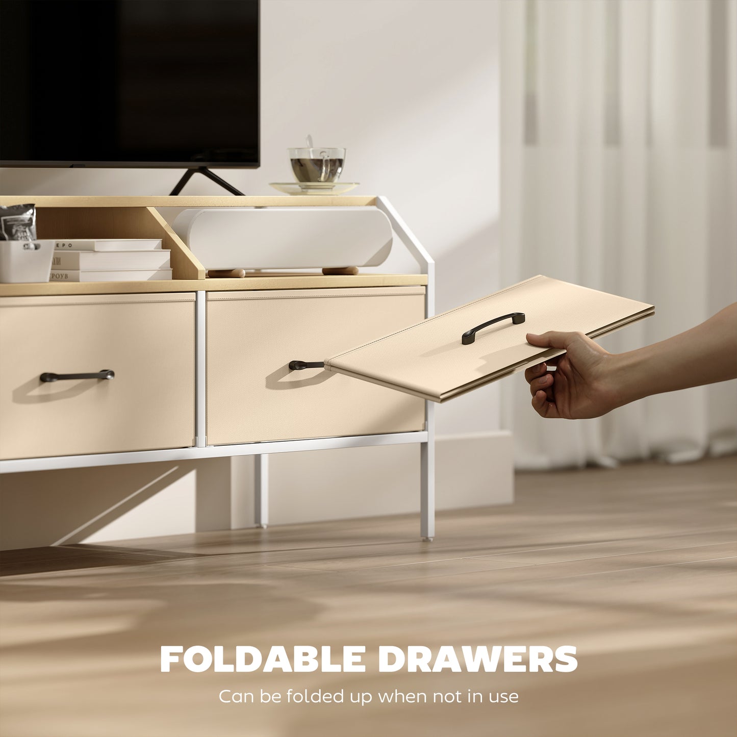 HOMCOM Industrial Style TV Stand Cabinet Natural Wood Finish With Two Drawers and Shelves and Side Pockets for 55in TV