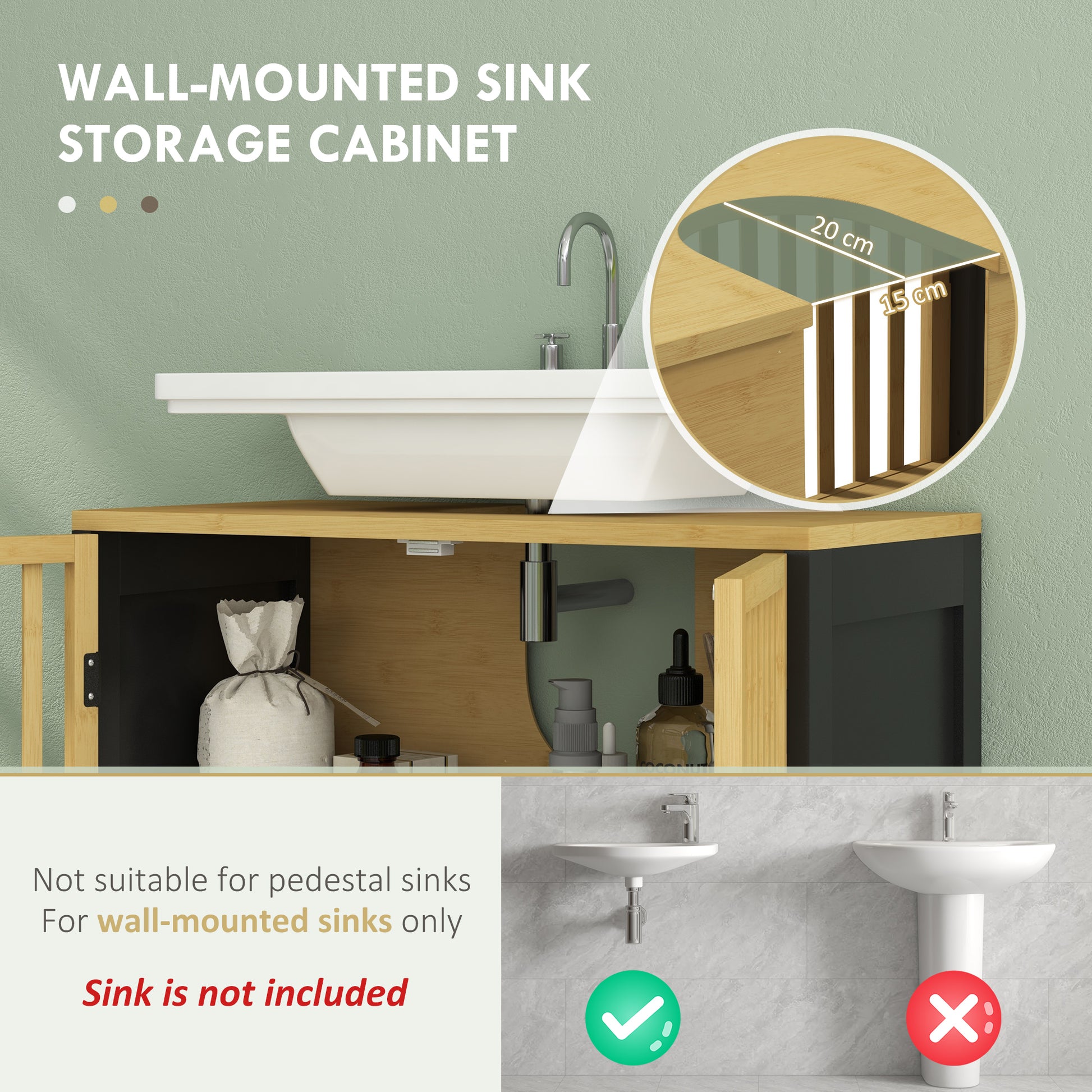 HOMCOM Bamboo Under Sink Storage Cabinet with Adjustable Shelf & U-Shape Slot - Bathroom Vanity Unit - ALL4U RETAILER LTD