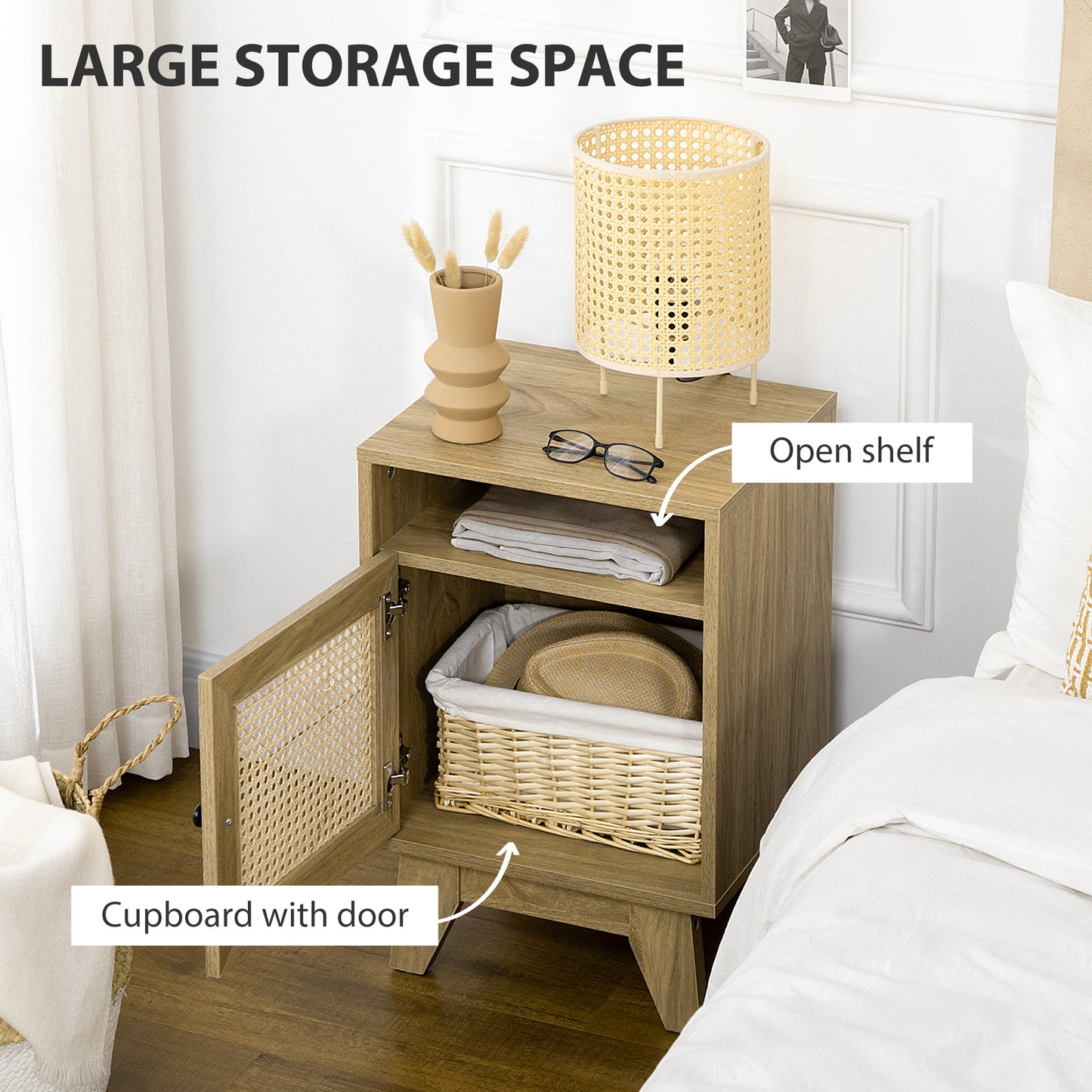 HOMCOM Chest Of Drawers With Four Rattan Drawers And Bedside Table With Door Natural Finish