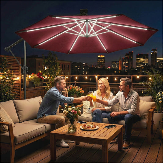 Outsunny 3 Meter Cantilever Garden Parasol With LED Solar Light And Cover Umbrella 360 Degree Rotation Wine Red