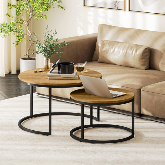 HOMCOM Set Of Two Wood Effect Stacking Tables Brown With Steel Base Small And Large For Compact Overlap Storage